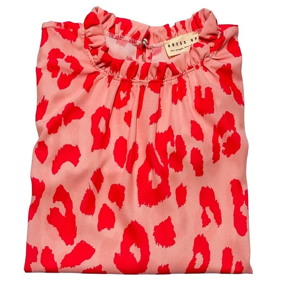 Dress Up Pink Leopard Ruffle Mock Neck Flutter Sleeve Top L Travel Cruise NWOT - Picture 7 of 9